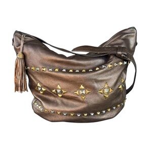 Vintage Sharif Metallic Bronze Leather Studded Embellished  Hobo Style Bag 12x16